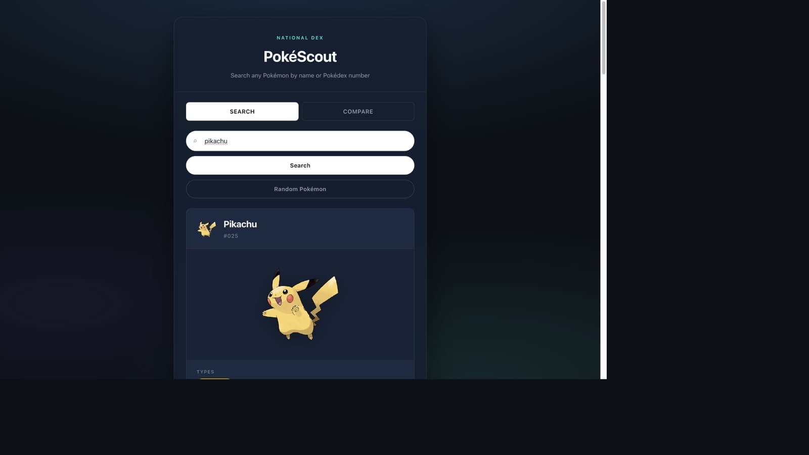 PokeScout search results for Pikachu showing the Pokémon portrait and type details