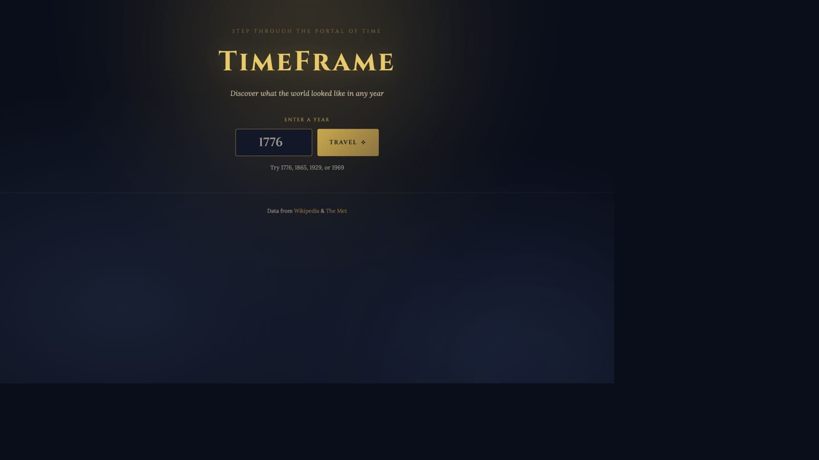TimeFrame homepage with a year input set to 1776 and a Travel button on a dark navy background